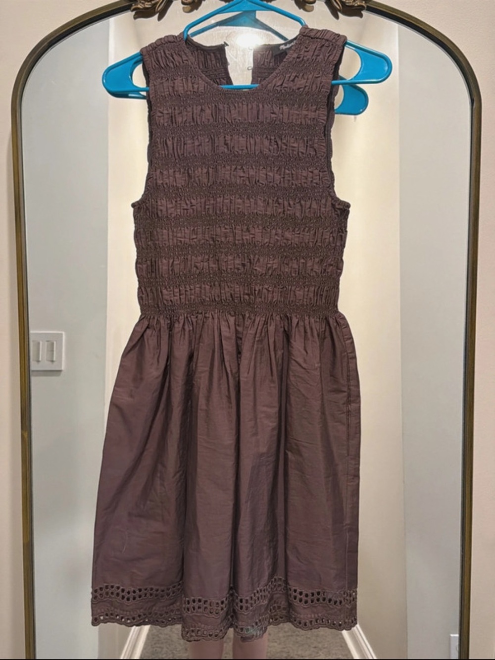 Madewell brown Smocked Sleeveless Mini Dress with Eyelet Hem